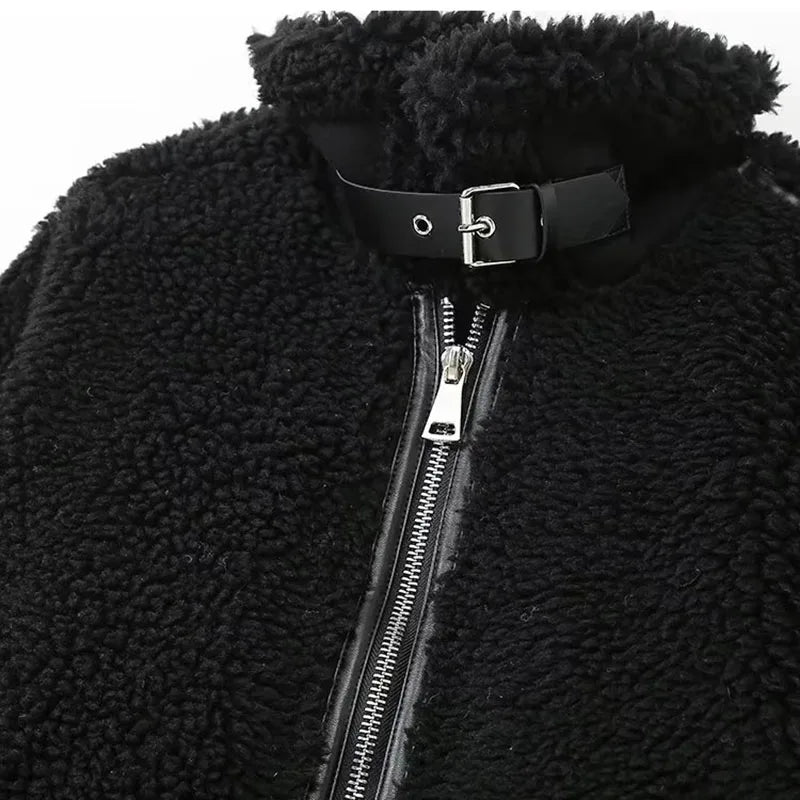 Fashion Patchwork Furry Jacket For Women Winter New Gentle Panelled Thick Warm Lambswool Fleece Coats lady Zipper Pocket Outwear