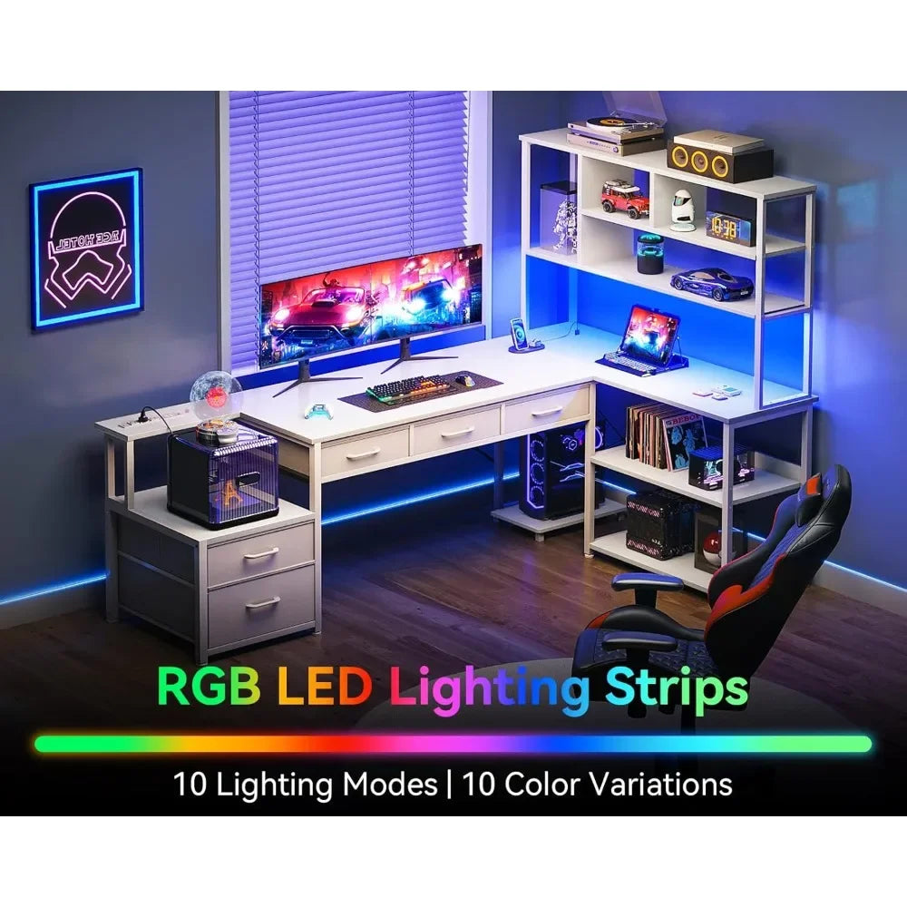 79 Inch L Shaped Desk with File Drawers，Reversible Gaming Desk with Power Outlets & LED Lights，Storage Shelves，Computer Desk