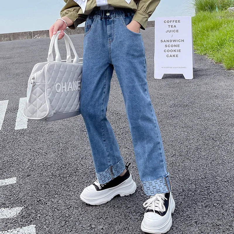 2023 Teens Girls High Waist Elastic Denim Pencil Pants Solid Color Children Rolled-up Trousers Straight jeans 5 7 9 12 15 Years