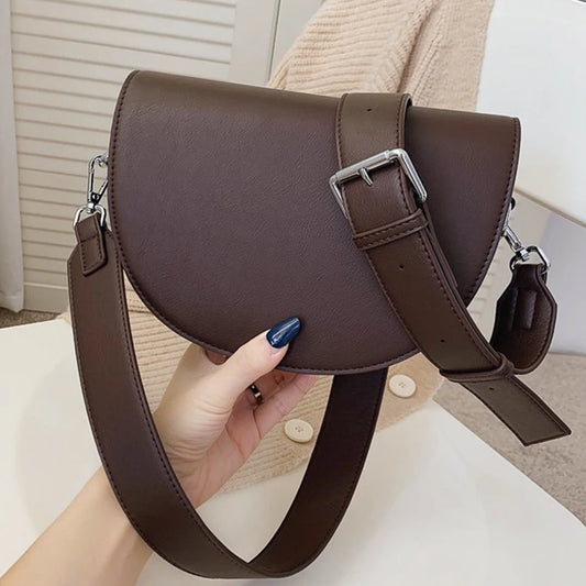 Retro Solid Color Saddle Bag High Quality Leather Shoulder Bags for Women 2024 New Simple Ladies Crossbody Bag Designer Handbags