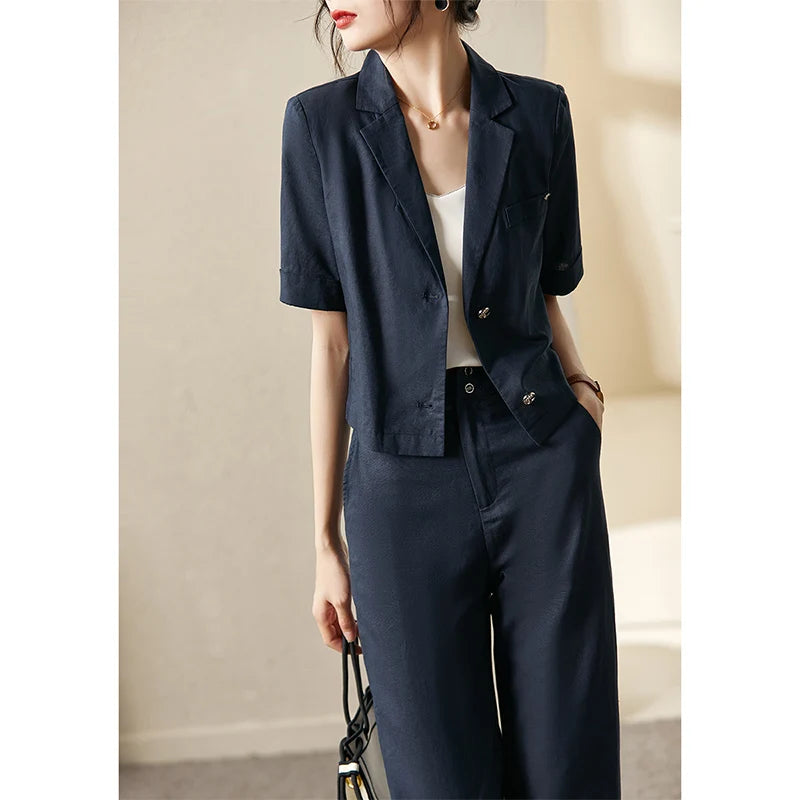 Vimly Office Ladies Cropped Blazer Suit for Women Cotton Linen Elegant Summer Outfits 2024 Wide Leg Pant Two Piece Sets V3210