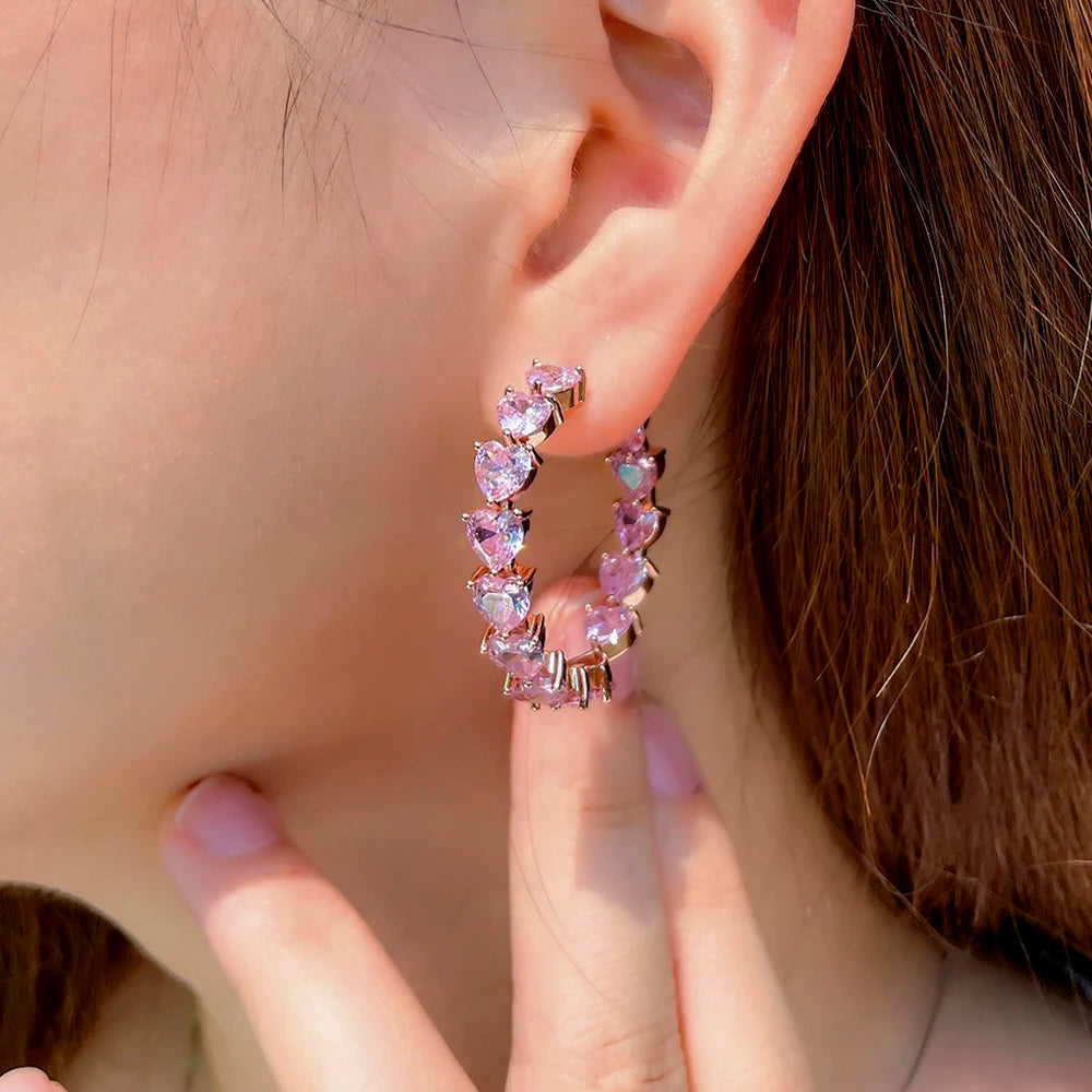 ThreeGraces Sweet Love Heart Shape Hoop Earrings for Ladies Shiny Pink Cubic Zirconia Crystal Trendy Korean Style Jewelry ER839