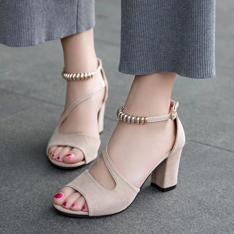2024 Spring Summer Sexy Fish Mouth Hollow Roman Sandals Thick With Word With Beaded High Heels Female Summer Sexy Female Sandals