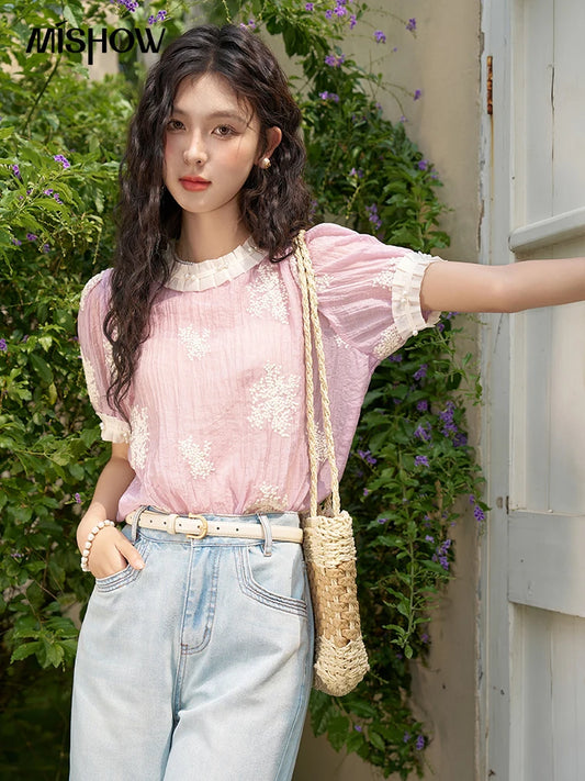 MISHOW Summer Puff Short Sleeve Shirt Women 2024 Crew Neck Print Blouse Lady French New Patchwork Tencel Sweet Tops MXD24X1512