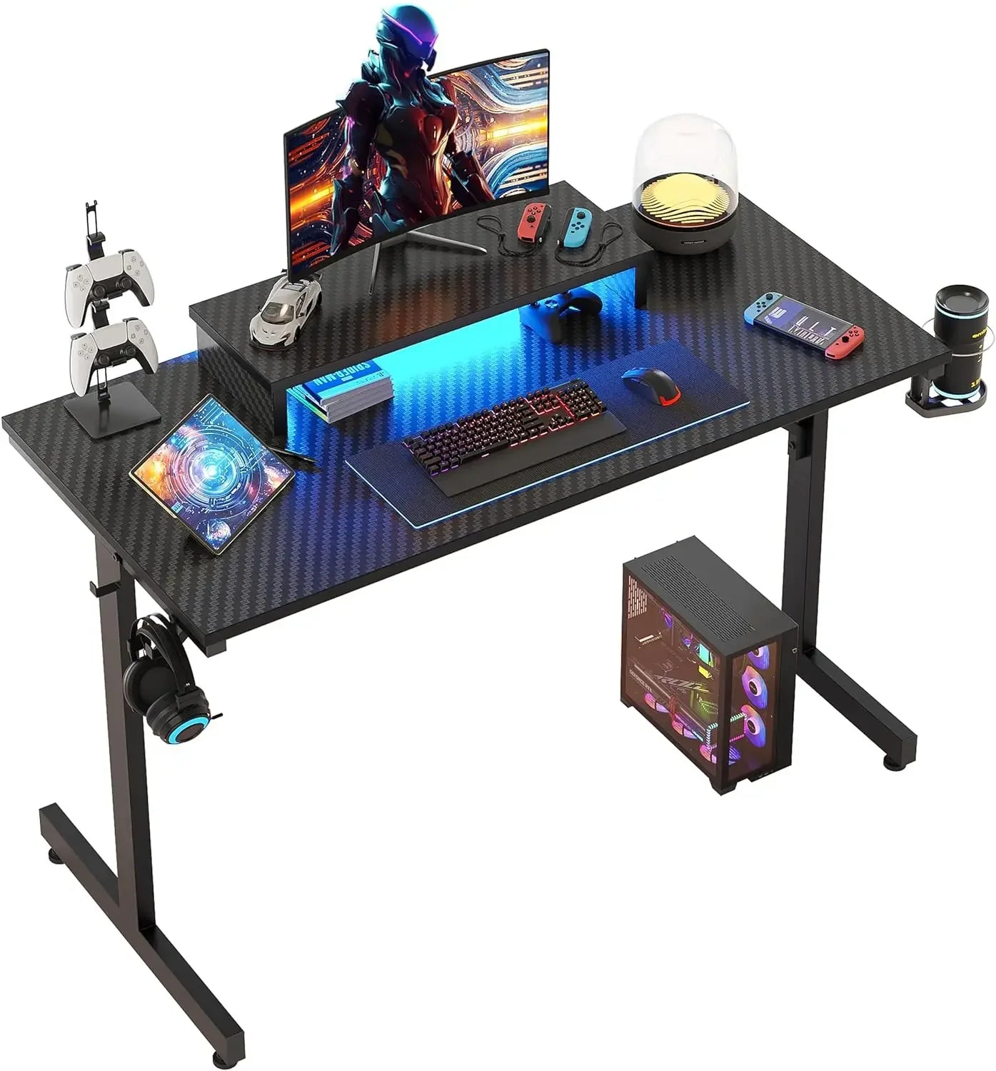 Gaming Desk with LED Lights, 42 inch Computer Desk with Monitor Stand Gamer Workstation with Cup Holder & Headset Hooks