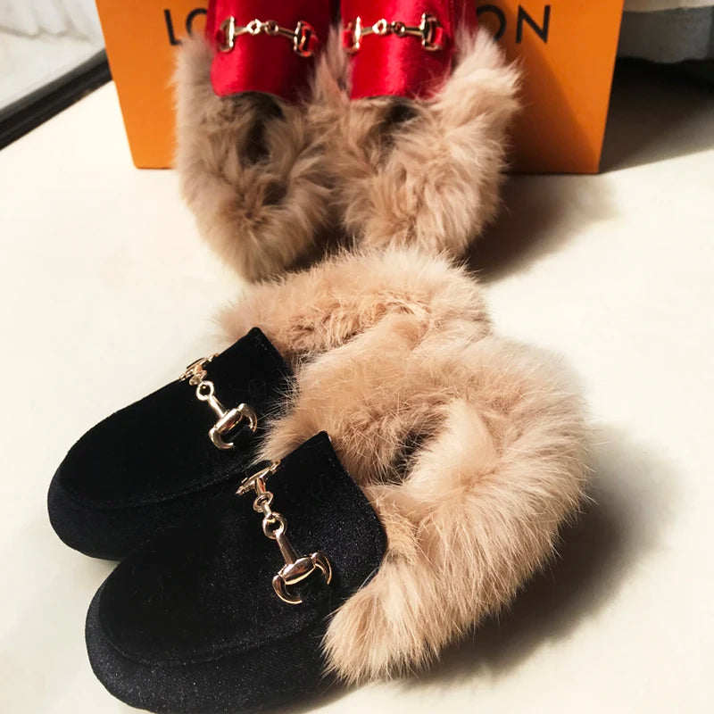 Winter Kids Fur Princess Shoes Baby Girls Velvet Brand Flats Children Slip On Shoes Toddler Fashion Dress Loafers Boys Moccasin