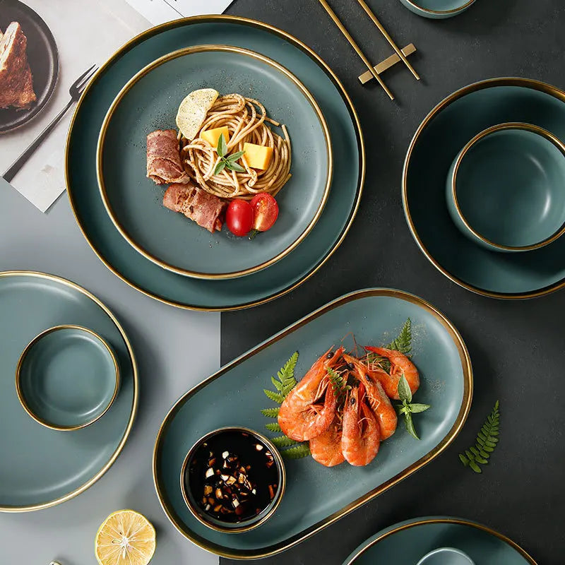 Ceramic Tableware Set Grey-green Tableware Dinner Dessert Steak Plate Cereals Bowl Plates and Bowls Set for Home Restaurant Gift