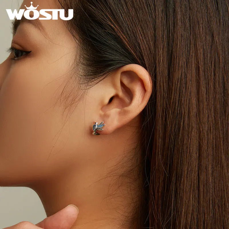 WOSTU 925 Sterling Silver Humming Bird Hoop Earrings For Women Blue Crystal Drop Ear Clips Earring Ladies luxury Wedding Jewelry