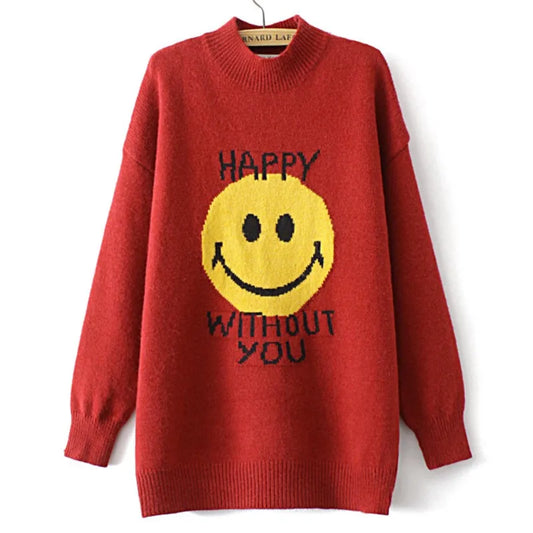 4XL Plus Size Ladies Sweater Loose Mock Neck Cartoon Jacquard Knitted Jumper Autumn Winter Keep Warm Pullover For Women