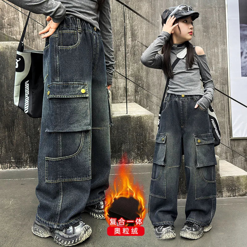 Winter Warm Children Cargo Jeans Pants For Girl Fashion Streetwear Kids Thick Retro Denim Trousers Teens Street Wide Leg Pants