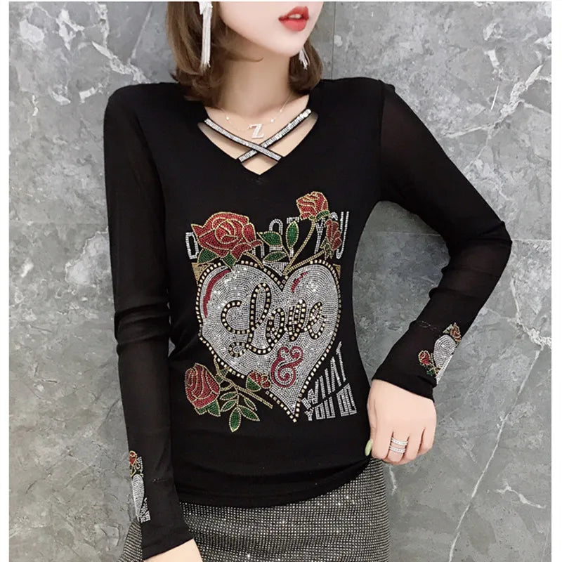 New Fashion Autumn European T-Shirt Clothes Women Chic Sexy Shiny Rose Diamonds Tops Long Sleeve Bottoming Shirt Tees Blouse