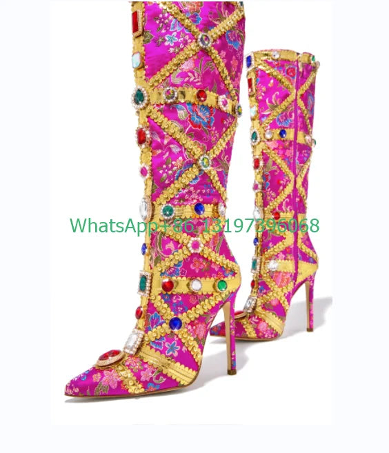 Lady color rhinestone design hand stitched boots sexy pink pointed toe knee boots gold design boots party demand footwear boots