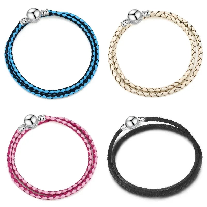 Double Circle Bilayer Round Buckle Leather Rope Bracelet Ladies Multicolor PU Basic Chain Fit Origina Pandora DIY Fine Jewelry