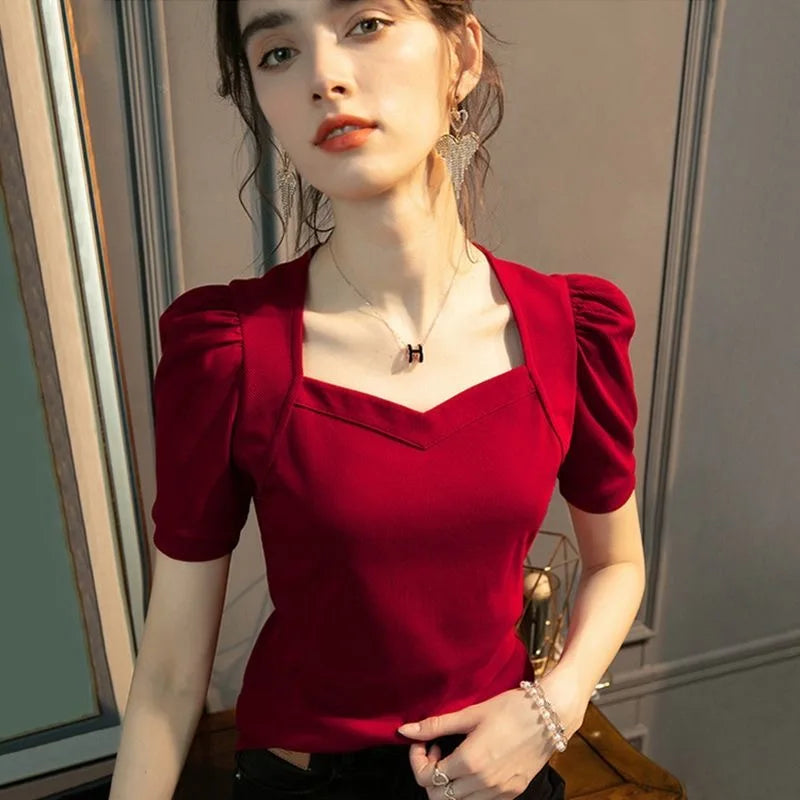 Woman's Clothing Spring Summer Style Basic T-Shirts Tops Lady Slim Short Puff Sleeve Square Collar Blouse Tops SS062