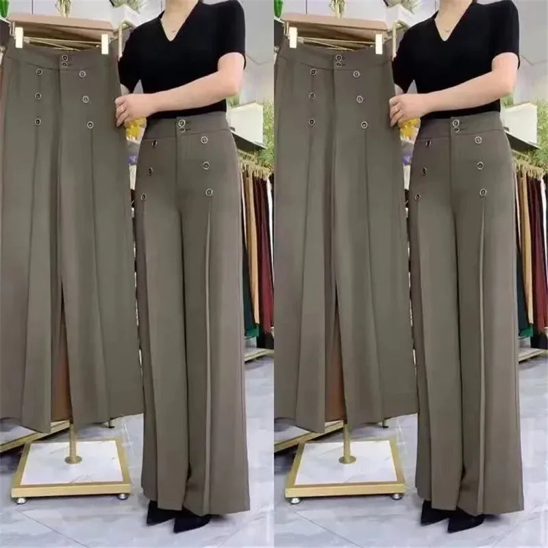 Spring Summer Trousers Women 2023 New Fashion Loose Slacks Double-Breasted Wide-Leg Pants High Waistpure Colour Trousers Female