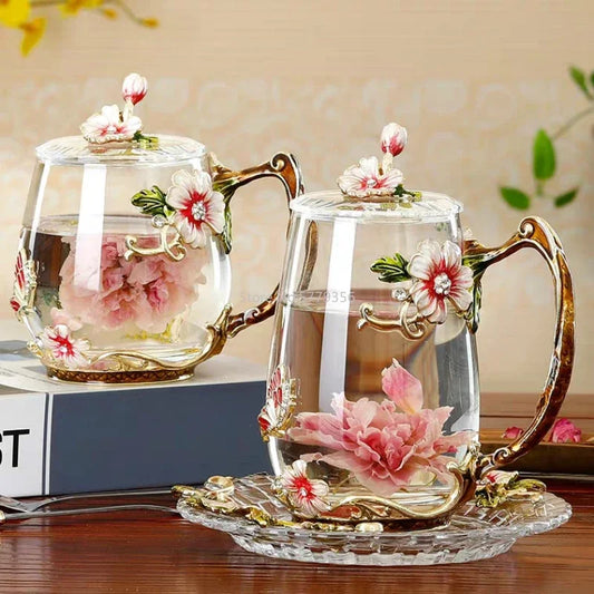 Beauty and Novelty Enamel Coffee Cup Mug Flower Tea Glass Cups for Hot and Cold Drinks Tea Cup Spoon Set Perfect Wedding Gift