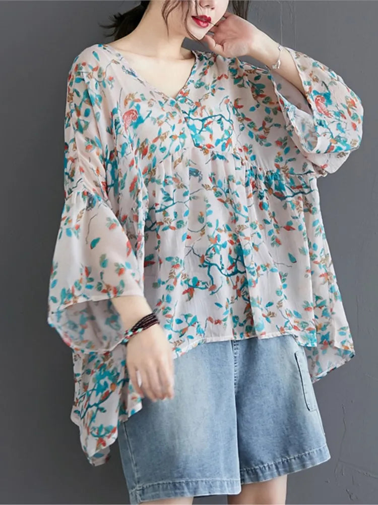 Oversized Summer Flower Print Pullover T-Shirt Tops Women Ruffle Modis Irregular Pleated Ladies Cropped Blouses Loose Woman Tops