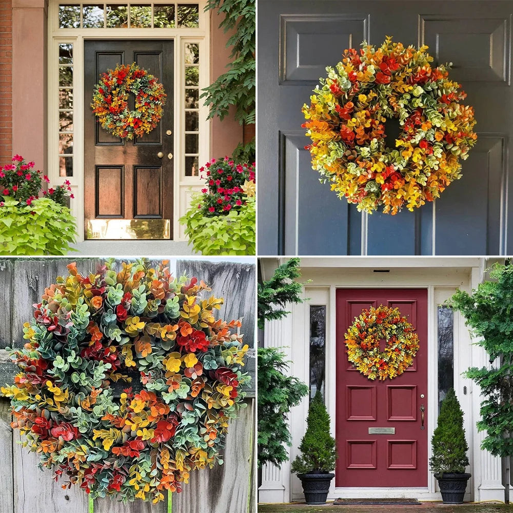 Fall Eucalyptus Wreath for Front Door Home Decor Artificial Wreath with Autumn Leaves Christmas Halloween Thanksgiving Decoation