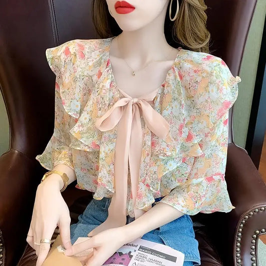 Chiffon with Bow Women's Shirts and Blouses Floral Top for Woman Ruffle Frill V Neck Clothing Youthful New Collection 2024 Trend