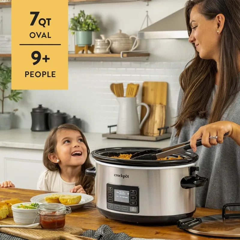 7-Quart Slow Cooker, Portable Programmable with Timer, Locking Lid, Stainless Steel; an Essential Kitchen Appliance