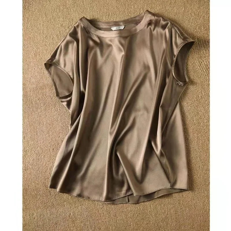 S-4XL Solid Silk Thin Short Sleeve Tees Slip Woman Summer Clothes Elegant Black Brown Tops Solid Loose Casual Korean Style