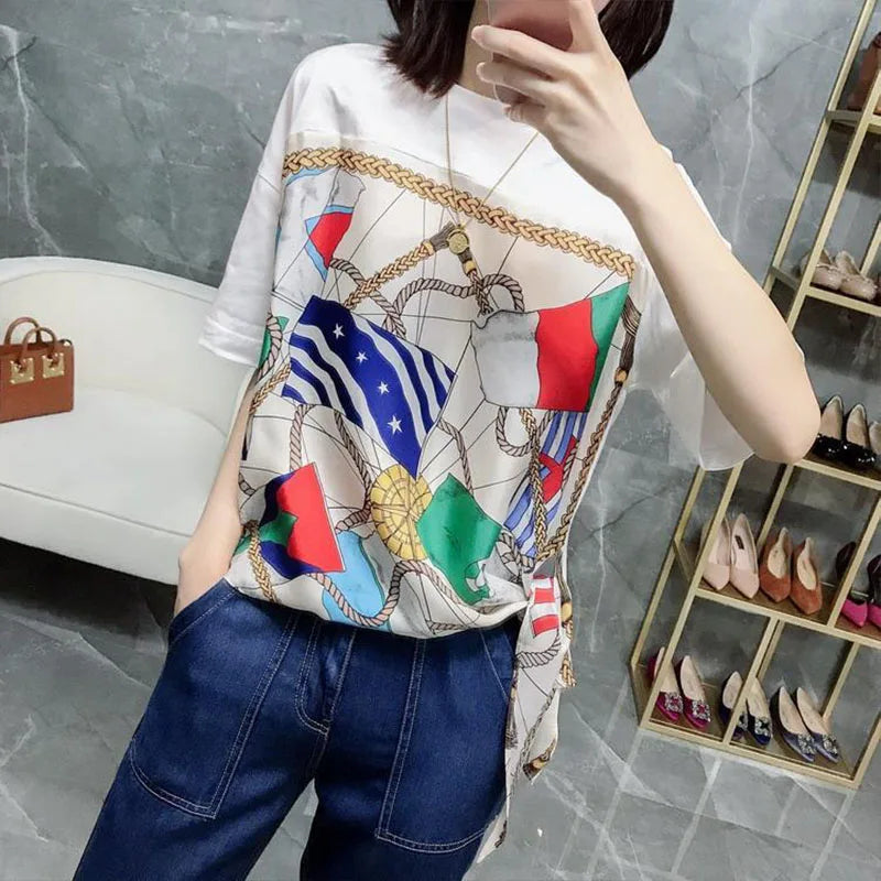 Design Casual Short Sleeve Blouses Korean Top News 2023 Korean Fashion Lacing Temperament Streetwear Printing Women's Clothing