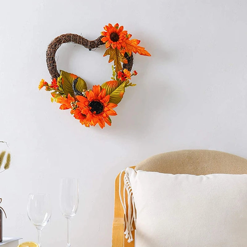 Artificial Fall Wreath For Front Door Porch, Autumn Wreath With Heart Shaped Sunflower Pumpkin Gourd Maple Leaves