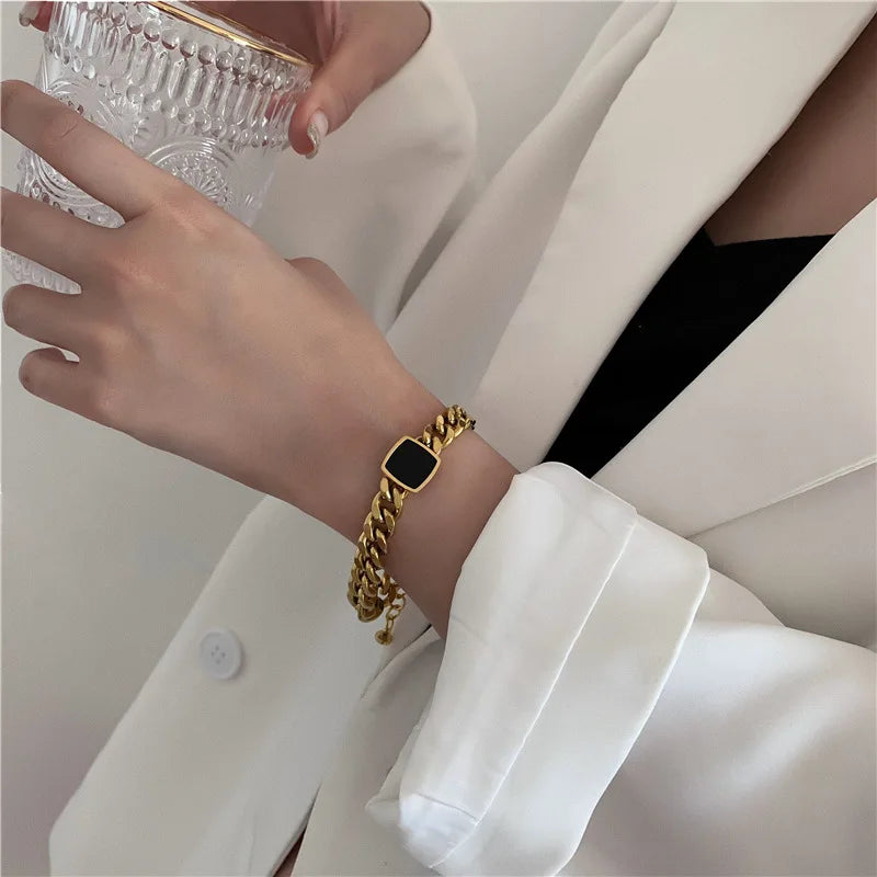 Stainless Steel Gold Color Bracelet Ladies Hip Hop Thick Chain Black Square Bracelet for Woman Man Fashion Bracelet Wholesale