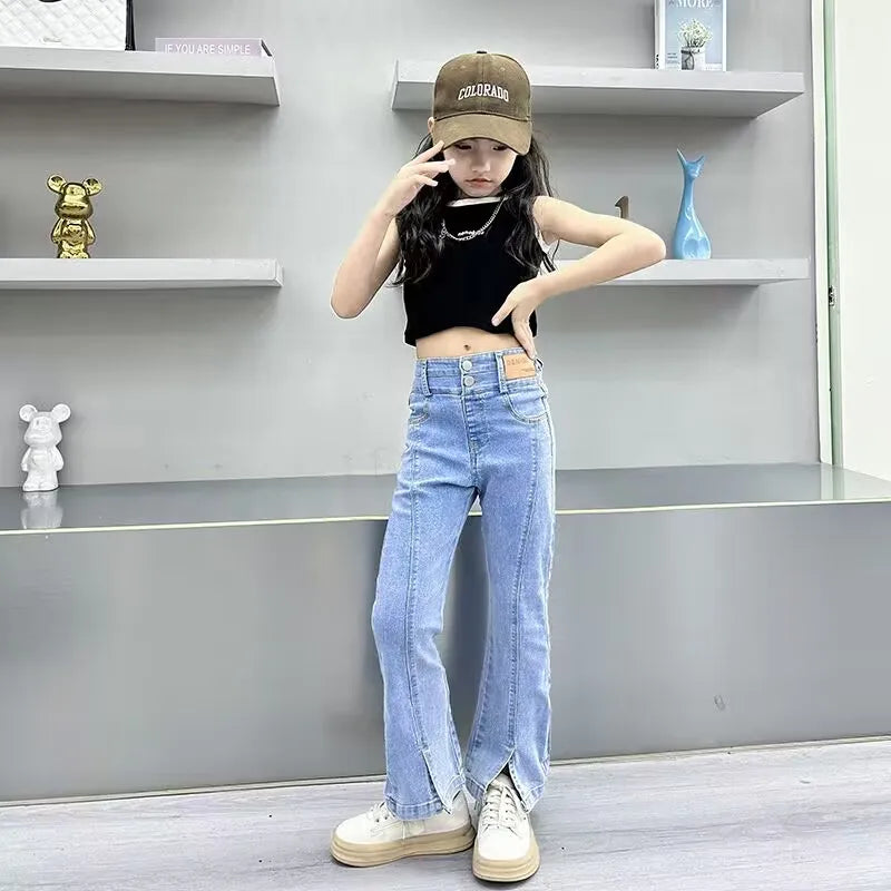 2-12Y Girls Jeans Spring and Autumn New Pant Teen Girls Split Wide Leg Flare Pants Big Children's Casual Pants