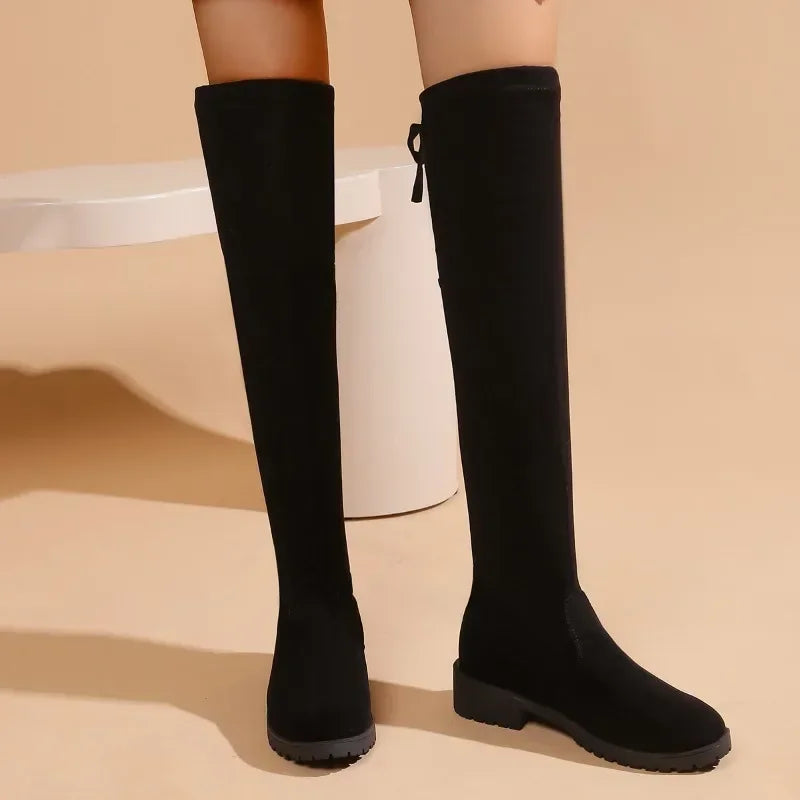 2024 Plus Size Shoes Female Knee-High Women's Boots Concise Modern Boots Women Round Toe Med Heel Back Lace-up Shoes Women