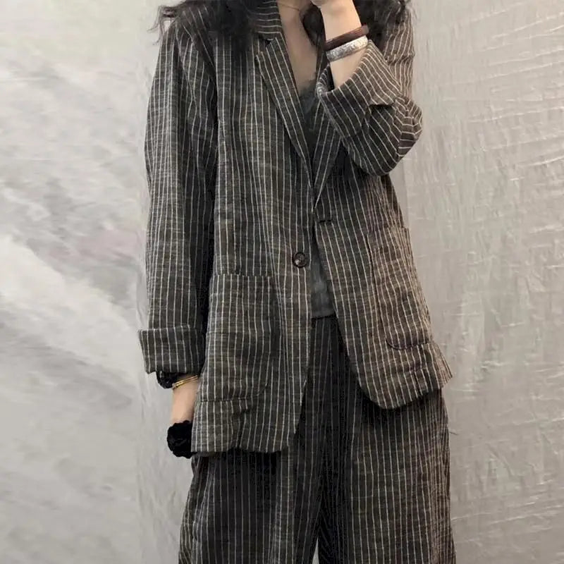 2024 Spring Autumn Women Suit Large Size Casual Suits Fashion Art Retro Loose 2 Piece Set Women Suit Blazer And Pants Linen Set