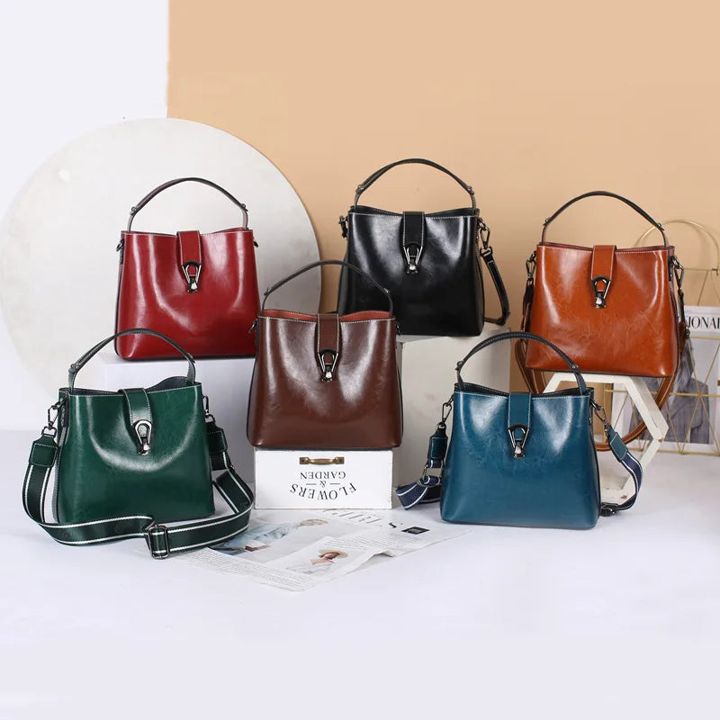 Real Oil Wax Leather Women's Bucket Bag Casual and Simple Handbag Large Capacity Ladies Cowhide Fashionable Crossbody Tote Bag