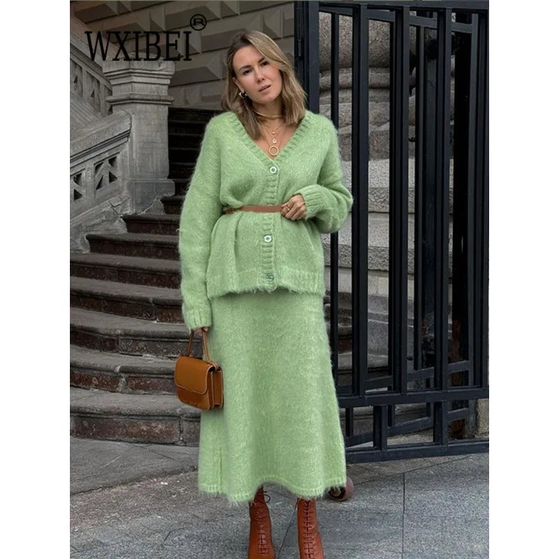 Loose Mohair Knit Skirt 2 Piece Set Women Chic Long Sleeve Solid Long Skirt Suit Lady Female Autumn Winter Warm Sweater Outfit