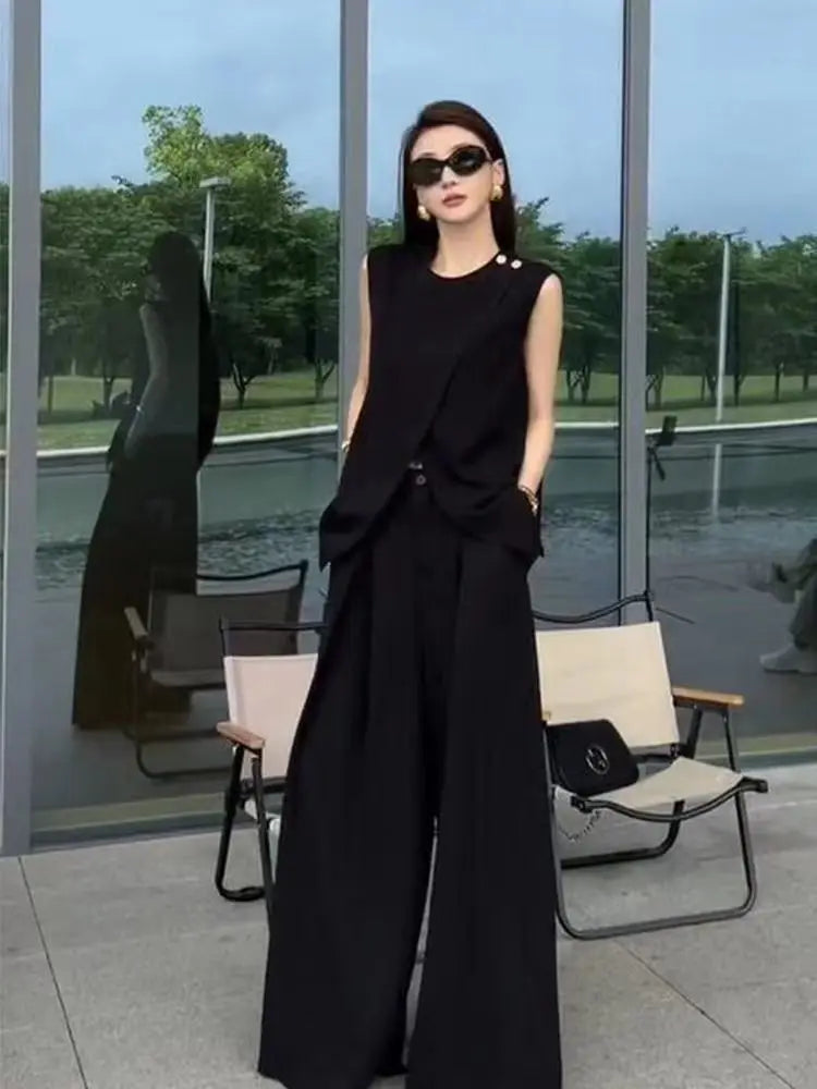 Vintage Elegant Blazer Vest Set Chic Sleeveless Solid Tank Top and Wide Leg Trousers Pantsuit Outfits 2024 Summer Korean Clothes