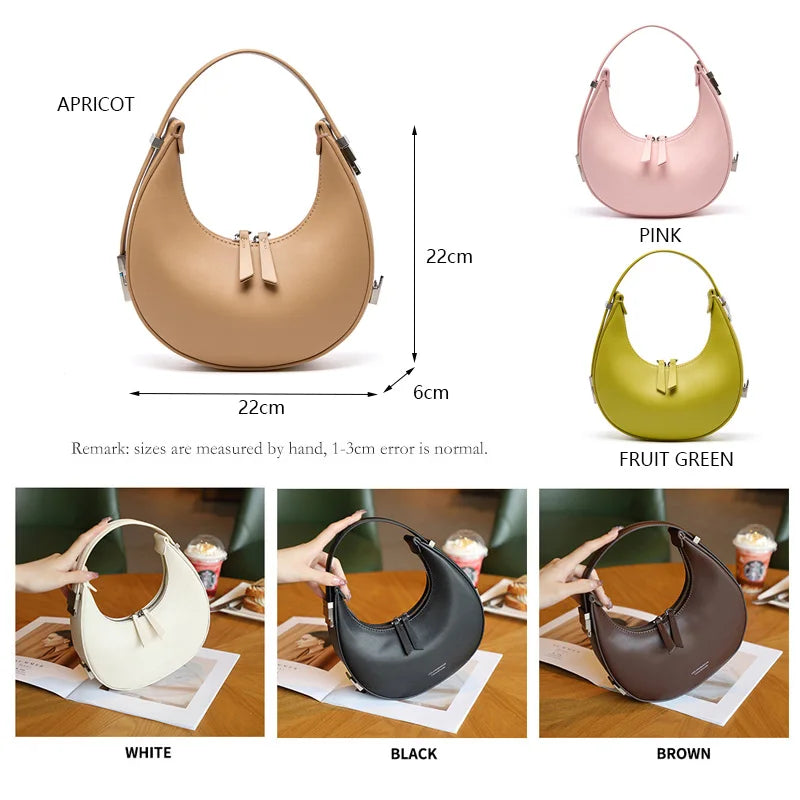 2023 New Women's Female Split Leather Elegant Moon Design Underarm Lady Luxury Shoulder Bag Semi-circular Wrist Handbag Summer