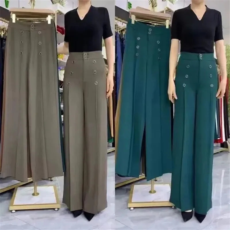 Spring Summer Trousers Women 2023 New Fashion Loose Slacks Double-Breasted Wide-Leg Pants High Waistpure Colour Trousers Female