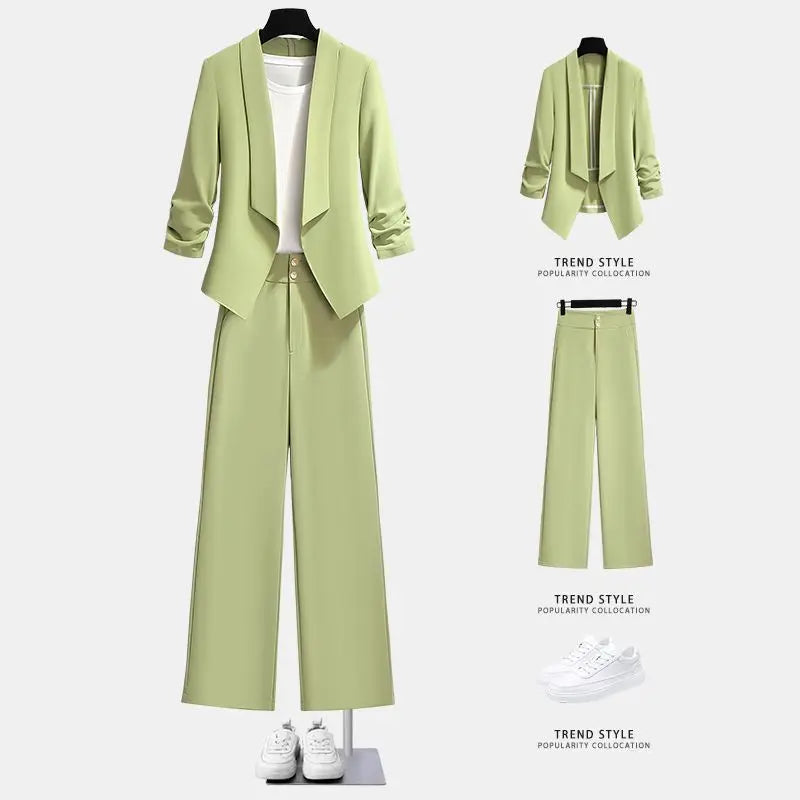 Women Spring Summer Green Blazer Pants Two Pieces Sets 2023 Office Lady Graceful Thin Suit Jacket Trousers Outfits Work Clothing