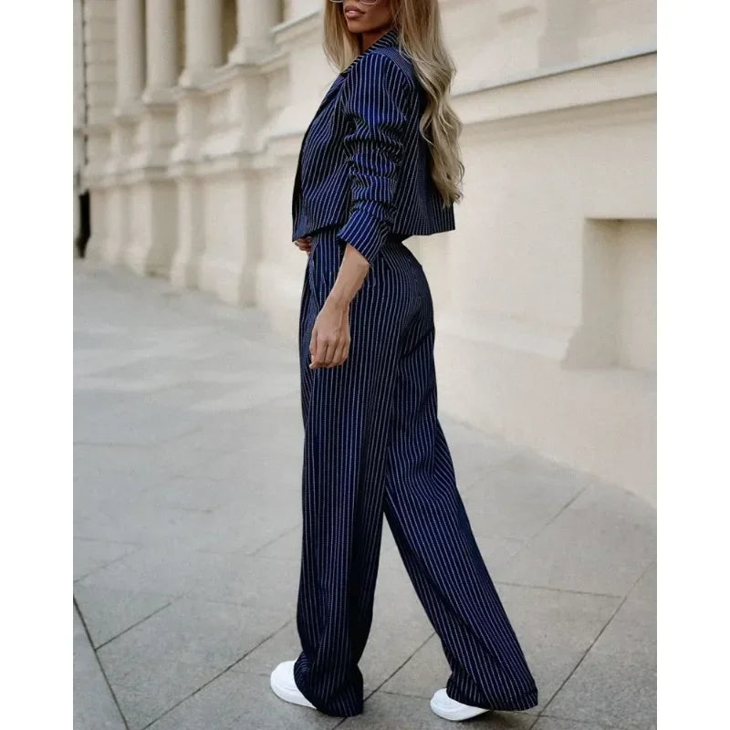 2024 Spring Summer New Women's Suit Solid Color Striped Short Style Lapel Suit Straight-Leg Pants Suit Blazer Jacket Long Pants