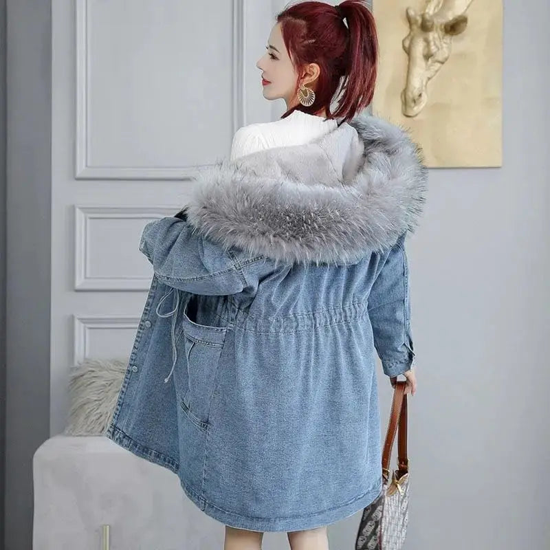 Women Jeans Coat 2024 New Winter Coat Thick Wool Denim Jacket Korea Loose Fur Collar Hooded Long Clothes Female Outerwear R375