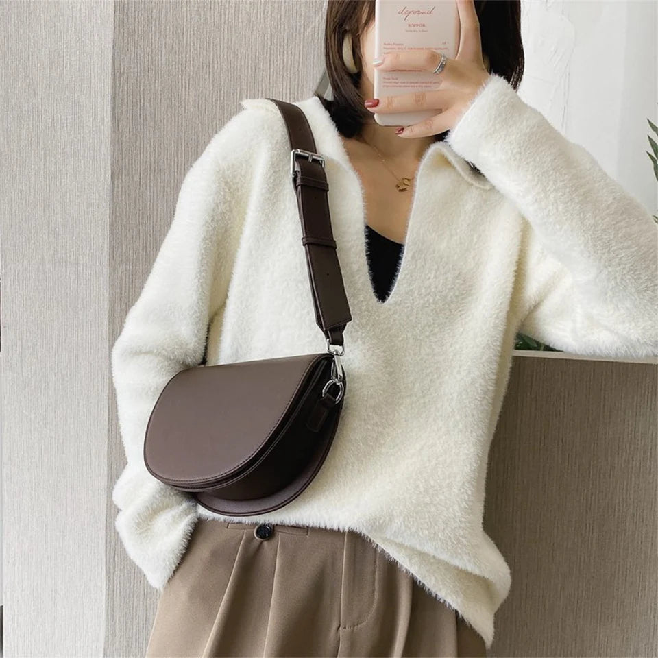 Retro Solid Color Saddle Bag High Quality Leather Shoulder Bags for Women 2024 New Simple Ladies Crossbody Bag Designer Handbags