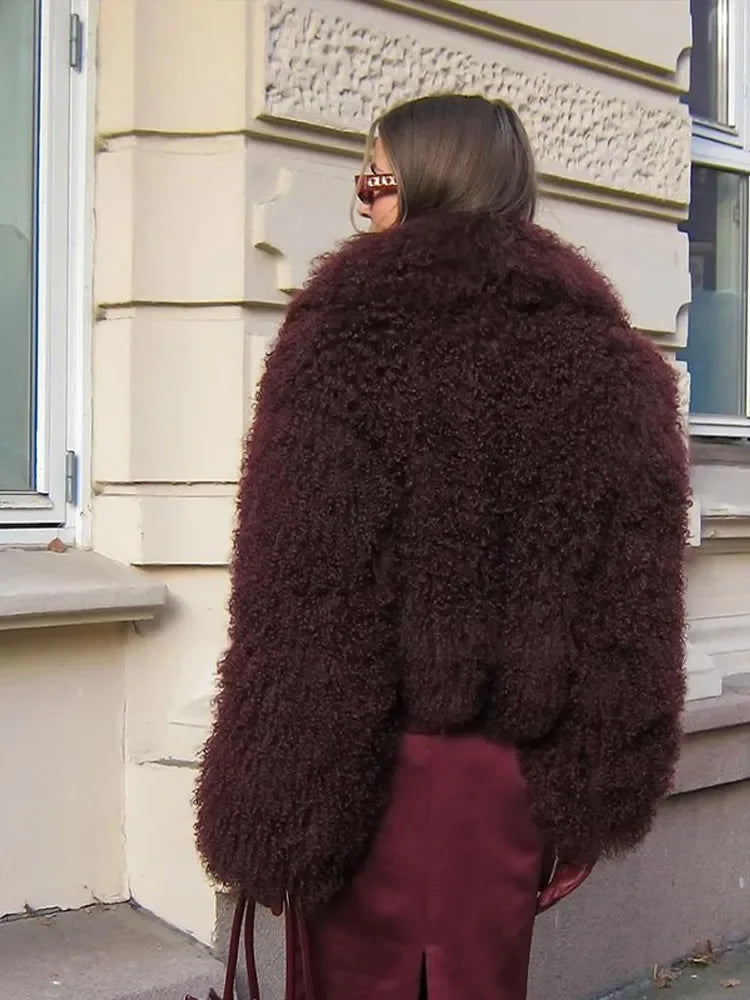 Women Chic Burgundy Fluffy Faux Fur Short Coat Luxury Lapel Thick Warm Furry Jacket 2024 New Lady Fashion High Street Outerwear