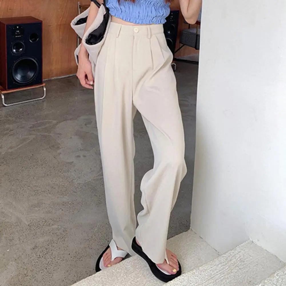 Wide Leg Dress Pants Elegant Women's High Waist Wide Leg Suit Pants with Pockets Solid Color Office Lady Trousers Button Zipper