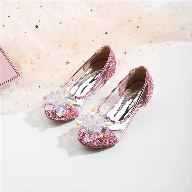 туфли для девочки Girls Princess Shoes Spring New Children Show High Heel Shoe Beautiful Girl Transparent Crystal Shoe Kids Shoe