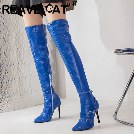 REAVE CAT Ladies Thigh Boots 55cm Pointed Toe Thin High Heels 10.5cm Buckles 46 47 48 Sexy Party Booties S4428