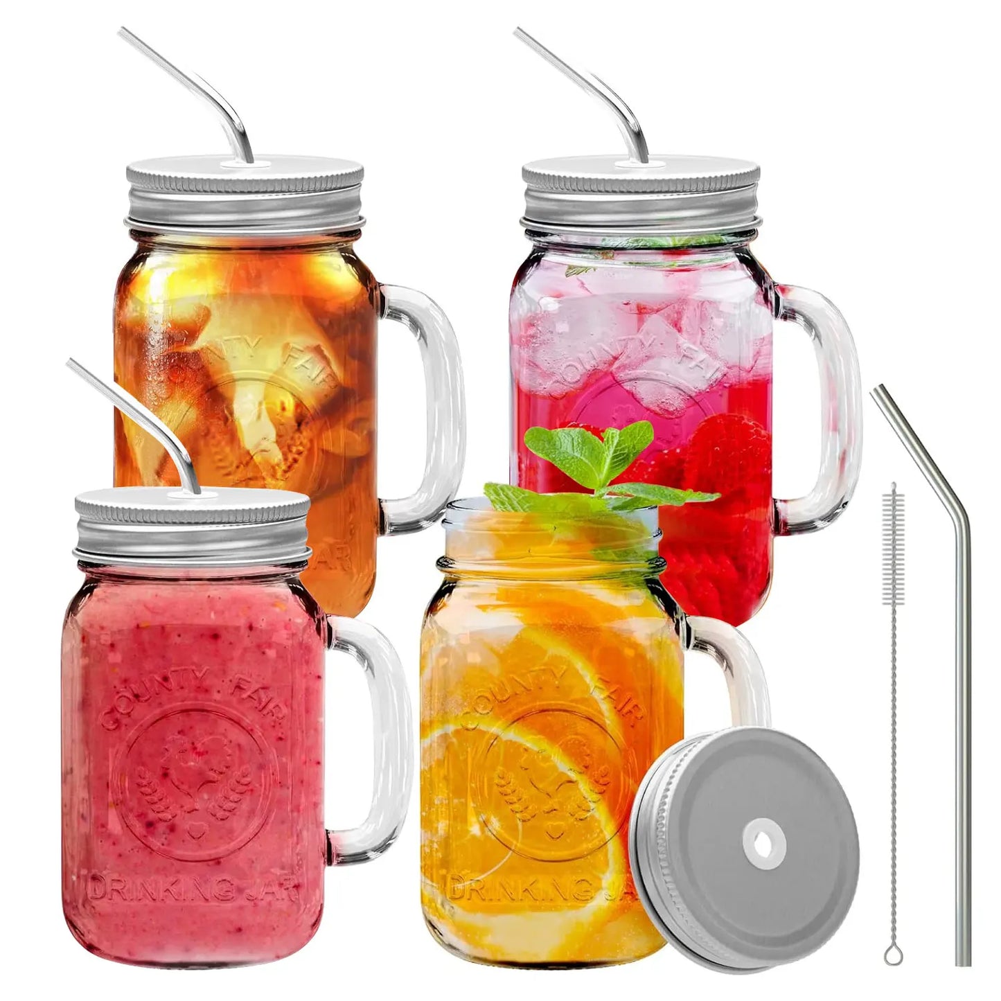 480ML Square Glass Cup with Lid and Straw Mason Jars Set With Handle For Cold Drinks Juice Mason Jar Drinking Glasses Drinkware