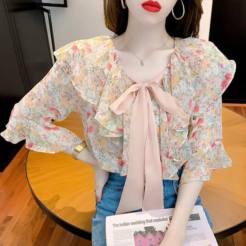 Chiffon with Bow Women's Shirts and Blouses Floral Top for Woman Ruffle Frill V Neck Clothing Youthful New Collection 2024 Trend