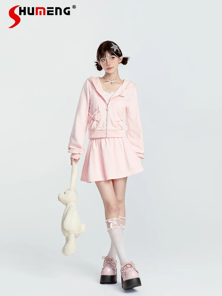 Japanese Style Sweet Pink Sweatshirt Set Y2k Girl Hooded Zipper Hoodies High Waist A-line Pleated Mini Skirt Two-piece Set Women