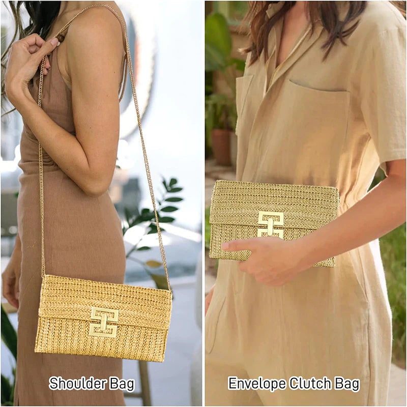 Straw Envelope Evening Party Handbag Fashion Women Weave Pattern Gold Clutch Messenger Purses Lady Daily Commuting Wallet Bags