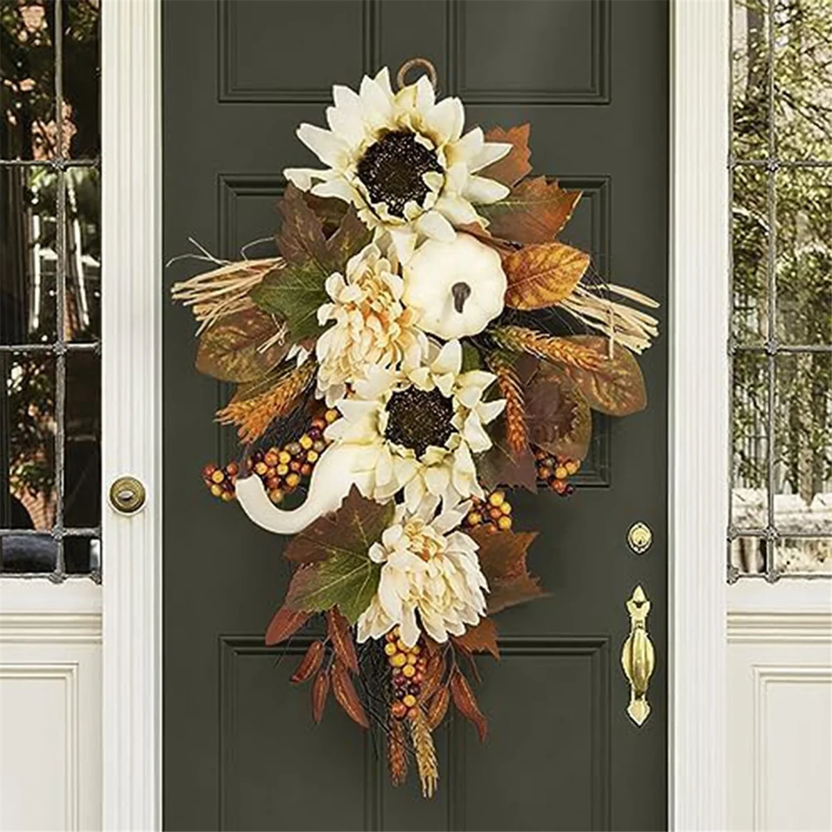 Artificial Pumpkins Wreaths White Sunflower Autumn Wreath with Leaves Flower Fall Door Garland Thanksgiving Theme