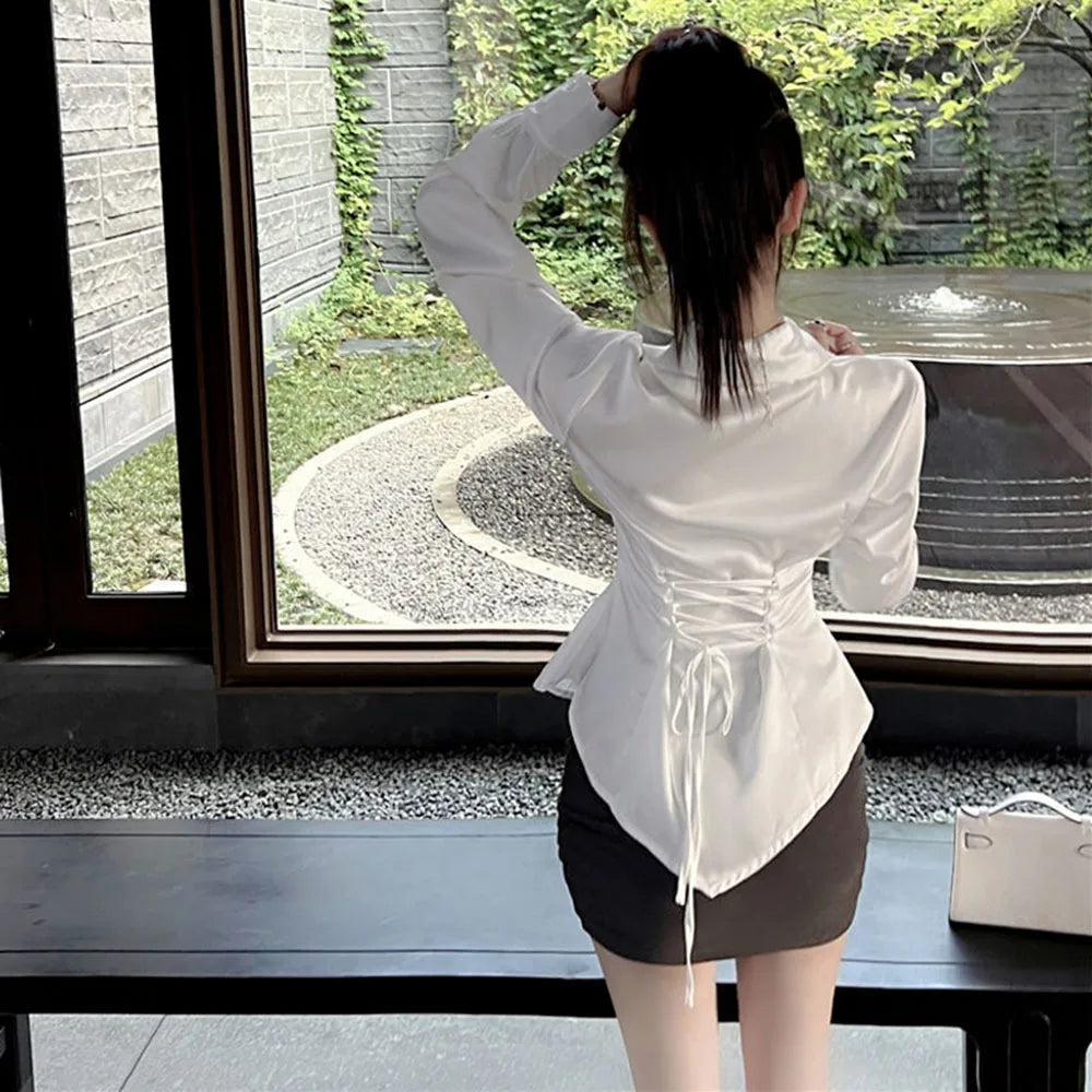 2024 Autumn Long Sleeve White Shirt Tops Women's Fashion Slim Blouses Ladies French Style Elegant Chic Back Lace-up Shirts Blusa